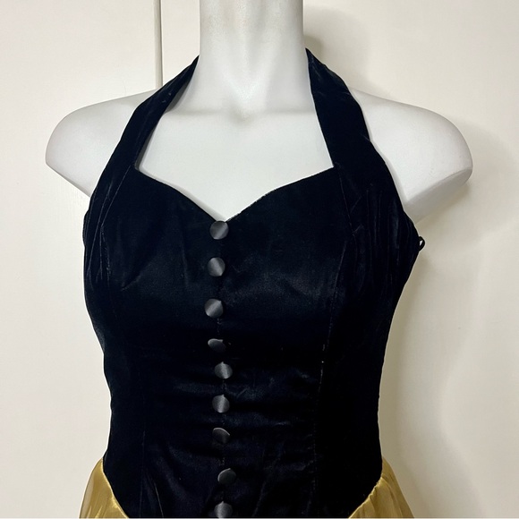 Vintage 80s De Laru Black Velvet Halter Gold Organza Skirt Mini Dress - Picture 2 of 8